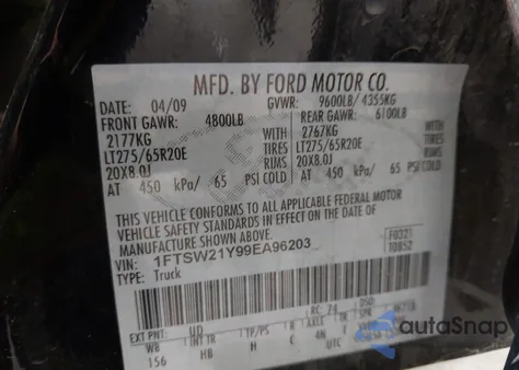 2009 Ford F-250 Fx4/Harley-Davidson/King Ranch/Lariat/Xl/Xlt из США, поврежденный, VIN 1FTSW21Y99EA96203